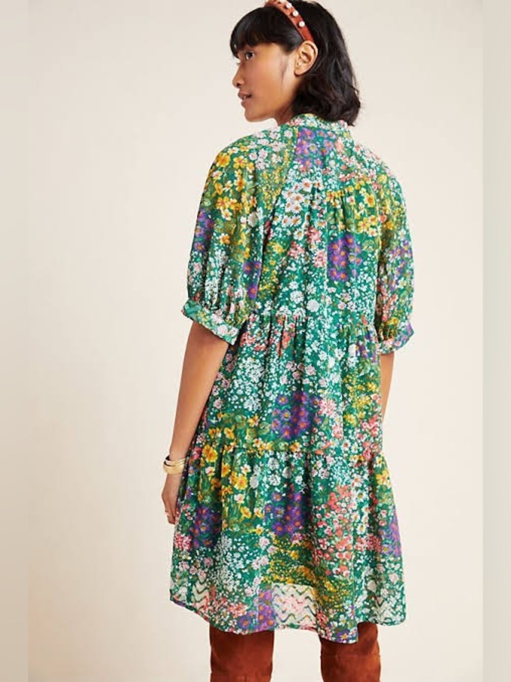 Anthropologie Green Floral V-Neck Tiered Mini Dress - Picture 2 of 8